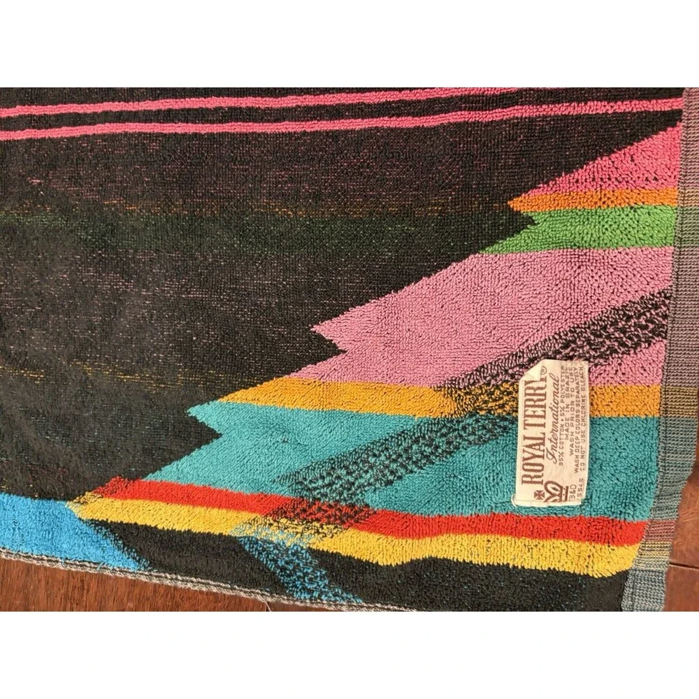 Royal Terry Vintage 1980s Beach Bath Towel Bright Teal Blue Retro Blk Rare Aztec